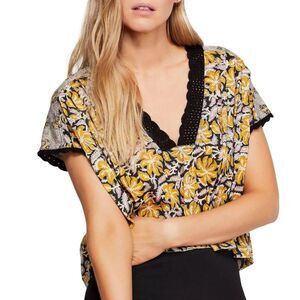 Free People Leilani Mixed Print Top Womens‎ Small Crotchet Trim Boho Oversized